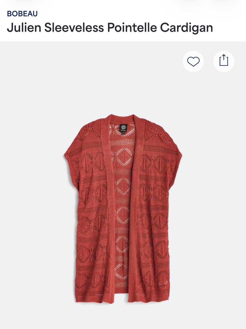 bobeau Rust Red Julien Sleeveless Pointelle Cardigan